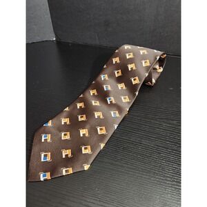 Veldducci vintage Men's Silk Tie Brown Geometric Pattern Accent Necktie